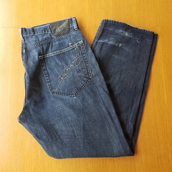 Ed Hardy 40 x 34 Embroidered Button Fly Blue Jeans by Christian Audigier - Picture 3 of 13